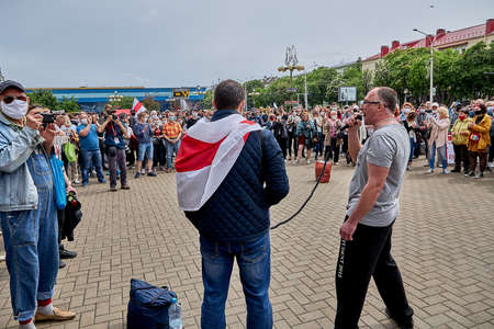 June 7 2020 Minsk Belarusian people walk down the streetのeditorial素材