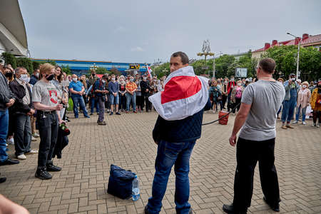 June 7 2020 Minsk Belarus The two leaders of the opposition with a microphone urging people to protestのeditorial素材