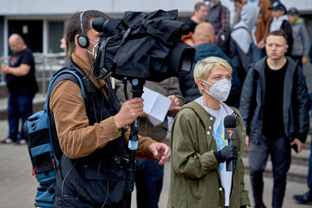 June 14 2020 Minsk Belarusian people walk down the streetのeditorial素材