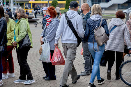 June 14 2020 Minsk Belarusian people walk down the streetのeditorial素材