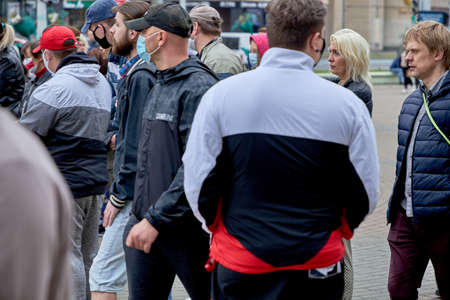 June 14 2020 Minsk Belarus Active masked people stand at a protest rallyのeditorial素材