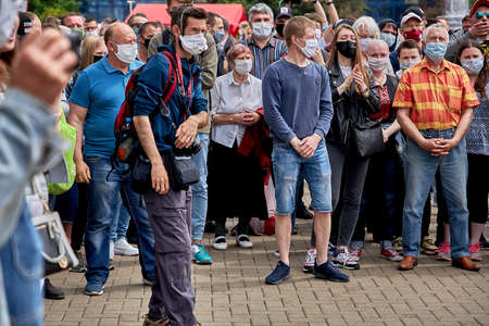 June 7 2020 Minsk Belarus People in medical masks stand in line to leave signatures for presidential...