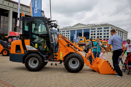 July 3 2020 Minsk Belarus Exhibition of construction equipment on the city square. Loader for General construction workのeditorial素材
