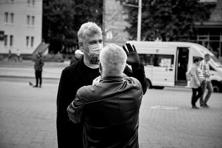 June 14 2020 Minsk Belarus A man interviews a presidential candidateのeditorial素材