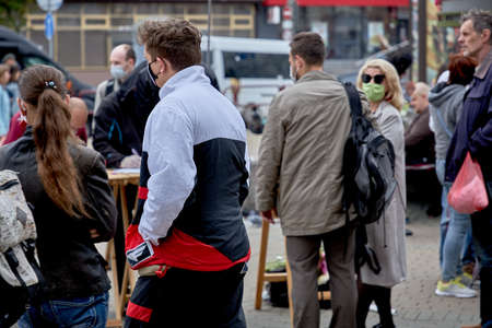 June 14 2020 Minsk Belarus Active masked people approach the tables to collect signatures for possible presidential candidatesのeditorial素材