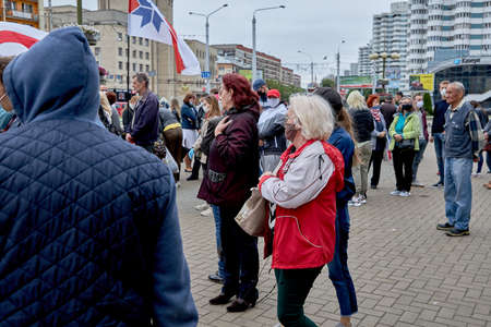 June 14 2020 Minsk Belarus Many masked people stand at the protest rallyのeditorial素材