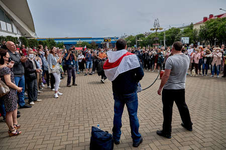 June 7 2020 Minsk Belarus The two leaders of the opposition with a microphone urging people to protestのeditorial素材
