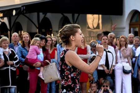 May 25, 2019 Minsk Belarus Street festivities in the evening cityのeditorial素材