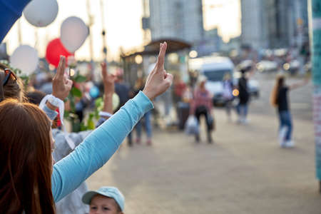 August 14 2020 Minsk Belarus Many people stand by the roadside to protest against violenceのeditorial素材
