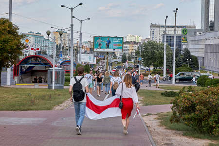 August 15 2020 Minsk Belarus Many people stand by the roadside to protest against violence