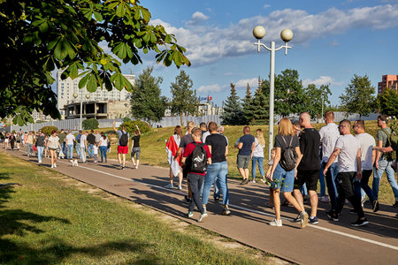 August 15 2020 Minsk Belarus Many people stand by the roadside to protest against violenceのeditorial素材