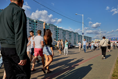 August 15 2020 Minsk Belarus Many people stand by the roadside to protest against violenceのeditorial素材
