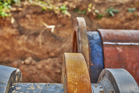 Connection of old and new water pipe through flanges for water supply systemの写真素材