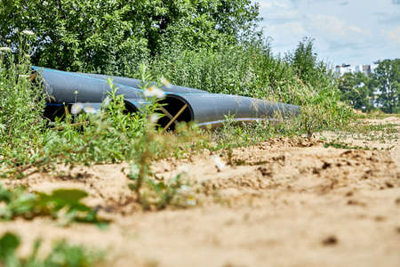 Polyethylene pressure pipes for cold water supply with wooden struts to preserve the diameter lie on the grass before installationの写真素材