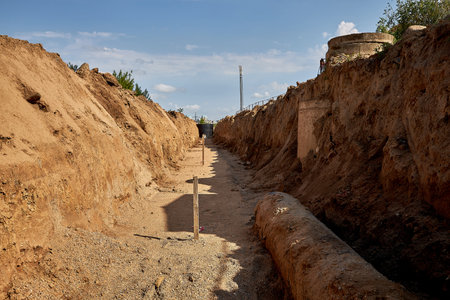 A wooden stake for setting the height of the base of the pipeline laying in the trench. A trench for installing water pipes leading to the sleeve across the roadの写真素材