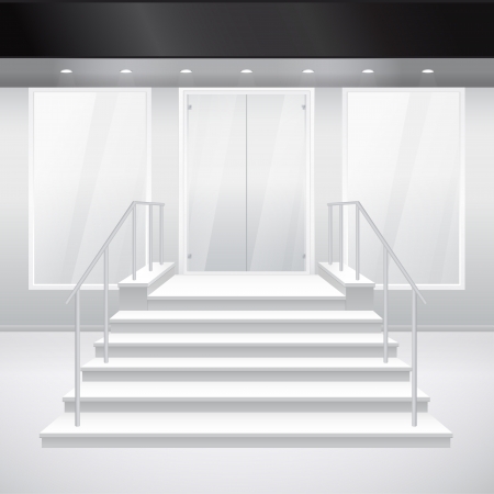 Entry to shop with stairs. Vector illustration of entrance to building. Exterior of store in gray colorのイラスト素材