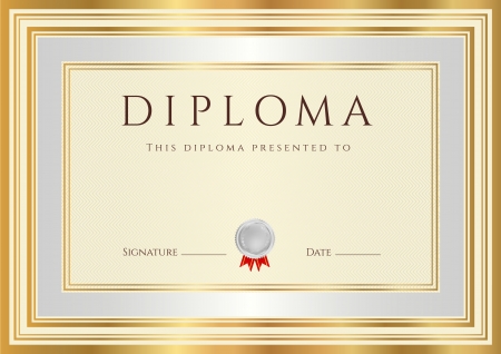 Horizontal Diploma or Certificate  template  with guilloche pattern  watermarks , silver and gold border  This background design usable for invitation, gift voucher, coupon, official or different awards  のイラスト素材