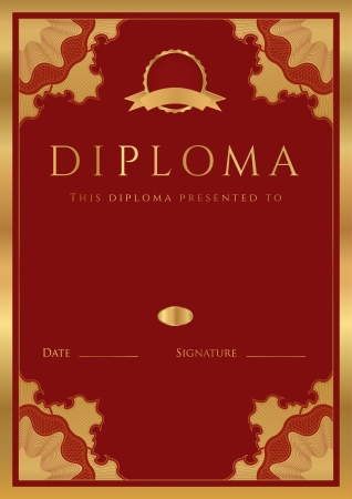 Vertical dark red  maroon, vinous  diploma of completion  template  with guilloche pattern  watermarks  and golden floral border のイラスト素材