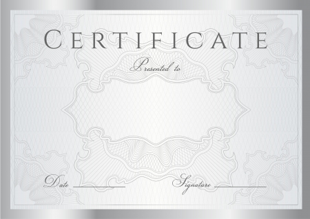 Horizontal silver certificate of completion (template) with guilloche pattern (watermarks) and border. のイラスト素材