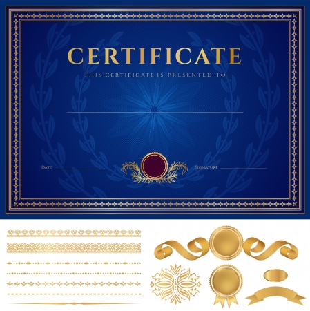 Horizontal blue Certificate of completion  template  with guilloche pattern  watermarks , golden borders, medal  insignia , design elements  Background usable for diploma, invitation, gift voucher  Vectorのイラスト素材