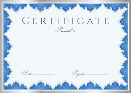 Blue Certificate   Diploma of completion  design template   sample background  with guilloche pattern  watermarks , border  Useful for  Certificate of Achievement, Certificate of education, awardsのイラスト素材