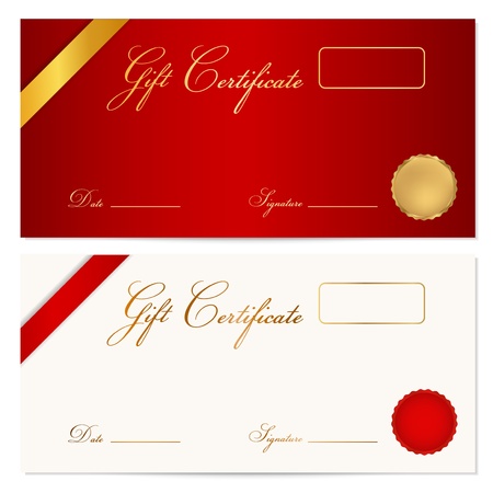 Voucher, Gift certificate, Coupon template with ribbon, seal wax  Background design for invitation, banknote, diploma, money design, currency, check, ticket in gold, red  maroon  colorsのイラスト素材