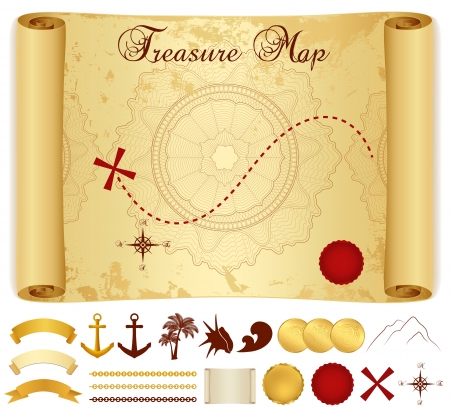 Treasure Map on old   vintage   antique paper  scroll or parchment  with cross, red mark, compass, anchor, banner ribbon, palm treeのイラスト素材
