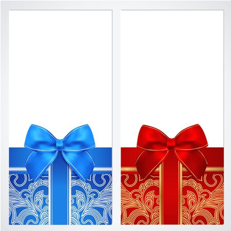 Voucher, Gift certificate, Coupon template wVoucher, Gift certificate, Coupon template with bow  ribbons, present   Background design for invitation, banknote, ector in red, blue colorsのイラスト素材