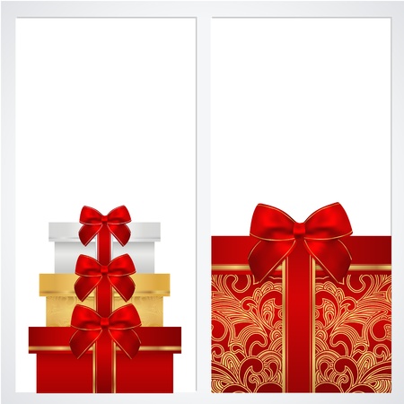  Voucher, Gift certificate, Coupon template with border, frame, bow  ribbons, present   Background design for invitation, banner   Vector in red, gold colorsのイラスト素材