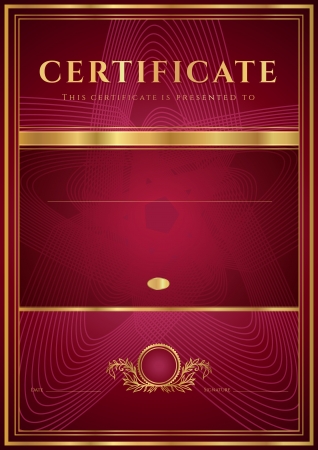 Dark red Certificate, Diploma of completion  design template, background  with floral pattern, gold border  frame , insignia  Useful for  Certificate of Achievement, Certificate of education, awardsのイラスト素材