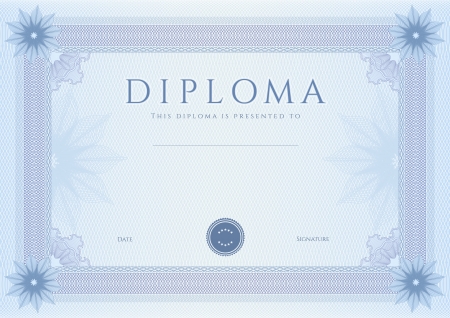 Certificate, Diploma of completion  design template, background  with guilloche pattern  watermark, rosette , border, frame  Blue Certificate of Achievement, coupon, awards and winnerのイラスト素材