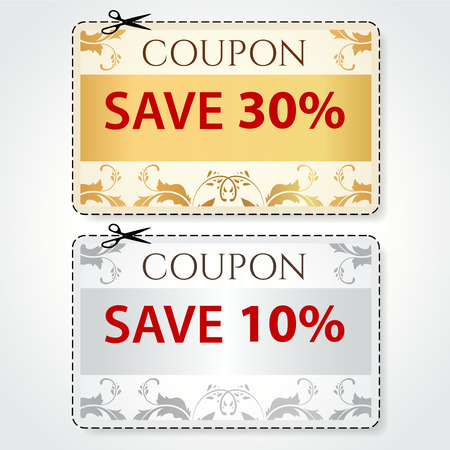 Sale Coupon, labels  banner, tag  gold, silver template  vector design, layout  with floral frame, pattern, dotted line  dash line , red percent, scissors  cut off, cutting   Save money, get discountのイラスト素材