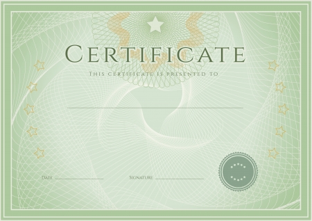 Certificate, Diploma of completion  design template, background  with guilloche pattern  watermark , rosette, border, frame  Green Certificate of Achievement, education, coupon, award, winner  Vectorのイラスト素材