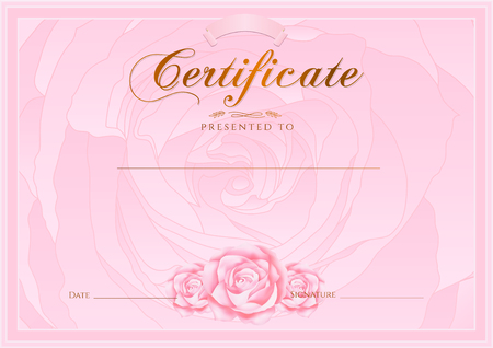 Certificate, Diploma of completion Rose design template, flower background with floral, pattern, border, frame. Certificate of Achievement, coupon, award, winner certificate, pink female gift cardのイラスト素材