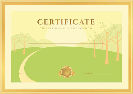 Horizontal Certificate of completion (template) with forest background (for children). Background usable for diploma, invitation, gift voucher or different awards.のイラスト素材