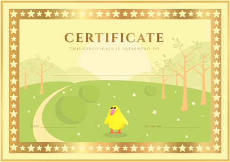 Horizontal Certificate of completion (template) with forest background (for children). Background usable for diploma, invitation, gift voucher or different awards. Vectorのイラスト素材