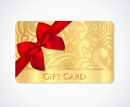 Gift coupon, gift card (discount card, business card) with floral (scroll, swirl) gold swirl pattern (tracery), bow (ribbon). Holiday background design for invitation, ticket. Vectorのイラスト素材