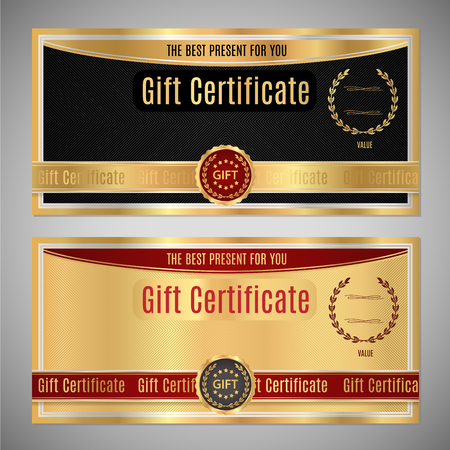 Gift certificate, Voucher, Coupon template. Black and gold background design with gold frame.のイラスト素材