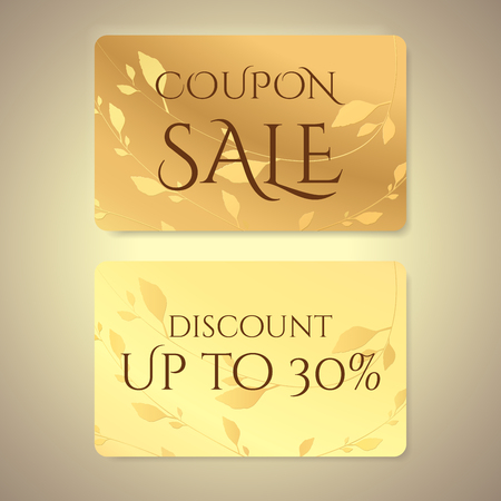 Gift coupon, gift card (discount card, gift voucher) with floral (leaf branch) gold pattern.のイラスト素材