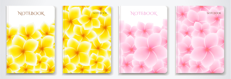 Cover designI of Notebook/ Planner with isolated Frangipani / plumeria flowers. Vector illustration on white background used foe book cover, brochure, bookletのイラスト素材