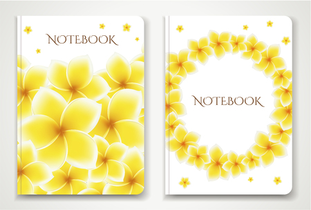 Cover designI of Notebook/ Planner with isolated Frangipani / plumeria flowers. Vector illustration on white background used foe book cover, brochure, bookletのイラスト素材