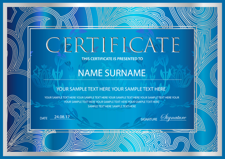 Certificate, Diploma (golden design template, colorful background) with floral, filigree pattern, scroll border, gold frame. Vector illustration.のイラスト素材