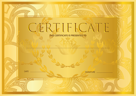 Certificate, Diploma (golden design template, colorful background) with floral, filigree pattern, scroll border, gold frame. Certificate of Achievement, coupon, award, winner certificateのイラスト素材