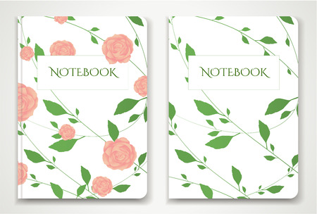Cover design of Notebook, Planner with isolated flowers Roses and Green floral leaves pattern. Vector illustration on white background used for book cover, brochure, booklet.のイラスト素材