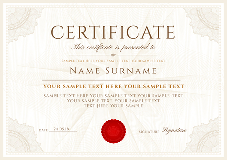 Certificate, Diploma of completion (design template, white background) with Frame, Border, light Guilloche pattern (watermark) and red emblemのイラスト素材