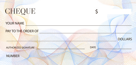 Cheque (Check template), Chequebook template. Blank bank cheque with guilloche pattern and business abstract watermark. Background for banknote design, Voucher, Gift certificate, Coupon, ticket, moneyのイラスト素材