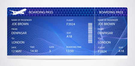 Boarding pass (airplane ticket, traveler check template) with aircraft (airplane or plane) silhouette on background. Travel by Aerial Transport. Enjoy your vacation. Isolated vector on whiteのイラスト素材