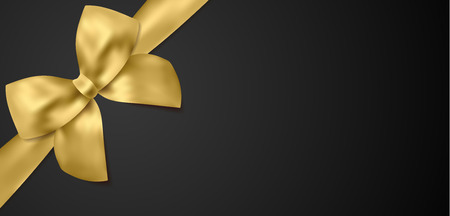 Voucher, Gift certificate, Coupon template. Gold bow, golden ribbon on black background. Blank vector design gift cardのイラスト素材
