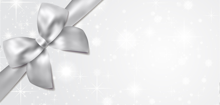 Voucher, Gift certificate, Coupon template. Silver bow, ribbon on white background with sparkling stars. Blank vector design gift cardのイラスト素材