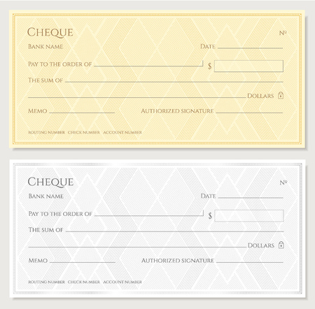 Cheque, Check, Chequebook template. Guilloche pattern with abstract geometric watermark. Golden, silver background for banknote, money design, currency, bank note, Voucher, Gift certificate, Moneyのイラスト素材